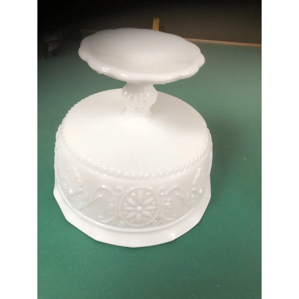 Vintage Milk Glass Pedestal Compote Candy Bowl Scalloped Rim Embossed Floral